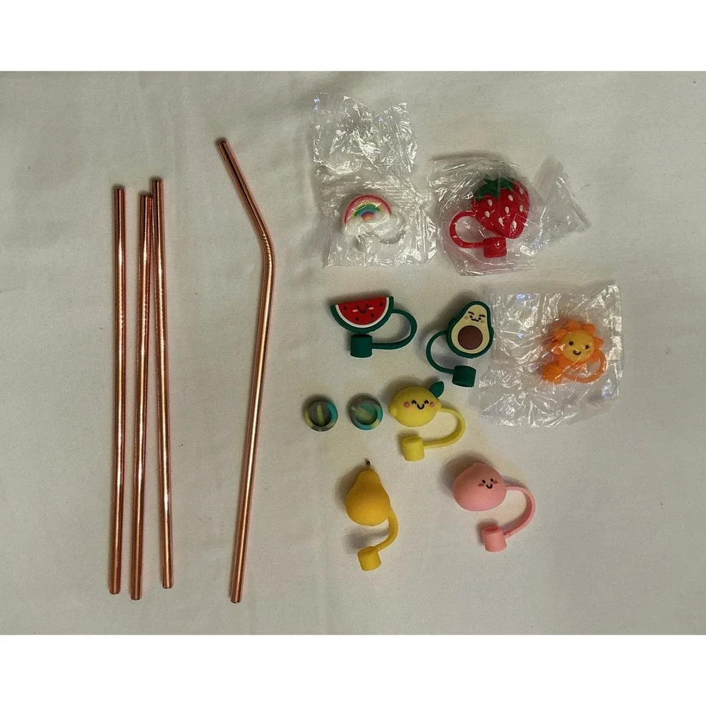 4 Red Copper Brand Stainless Steel Drinking Straws And 9 Piece Silicone Toppers